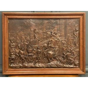 Plaster Bas-relief Scene In Antique 20th Century Frame In Natural Wood