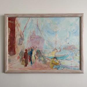 Oil On Canvas Representing The Port Of Nantes By J. Levy 20th Century