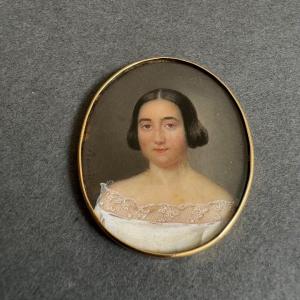 Miniature Early 19th Century Hand Painted By Bouvier Portrait Of A Woman