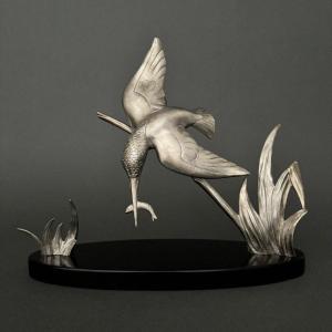 Bronze argenté par Jacques Limousin martin-pêcheur en vol marbre noir 