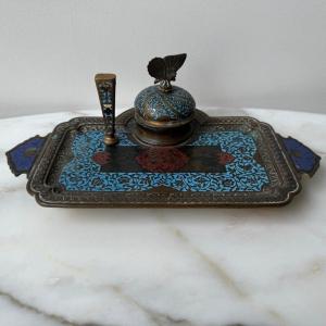 Cloisonné Office Kit Inkwell With Napoleon III Stamp Late 19th Century