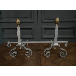 Pair Of Gray Metal Andirons With Copper Bar And Balls, Late 19th Century