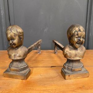 Pair Of 19th Century Bronze Andirons Representing Two Loves