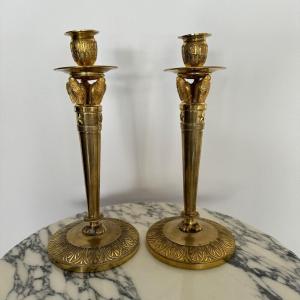 Pair Of Early 19th Century Gilded Bronze Candlesticks Decorated With Owls