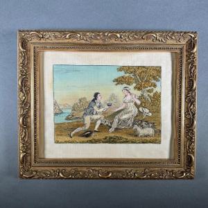 Embroidery Romantic Scene Early 19th Century Stucco Frame 20th