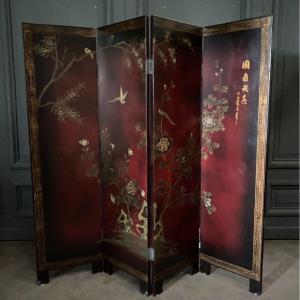 Chinese Lacquer Screen With 4 Leaves, Naturalist Decor, Early 20th Century