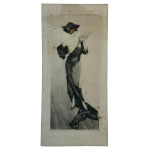 Gravure 1900 femme à l'éventail Louis Icart