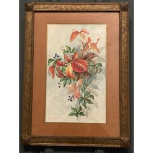 Watercolor On Still Life Paper Thrown With Flowers 20th Century By M. Jagu 1914