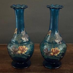Pair Of Enamelled Vases 1900 Floral Decoration On Blue Background 20th Century