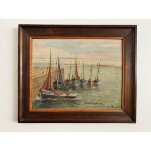 Oil On Panel 20th Century Fishing Boats By Jean Bernard Saint-nazaire