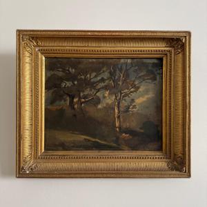 Oil On Panel By Francis Goullin Forest Landscape 19th Century Gilded Frame