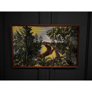Tapisserie sur panneau par Roga milieu XXe antilopes dans la savane