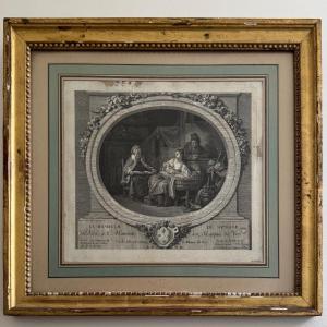 Gravure XVIIIe Le Bonheur du Ménage d'après de Launay cadre perlé