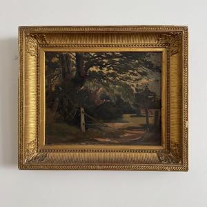 Huile sur panneau par Francis Goullin paysage de sous-bois XIXe