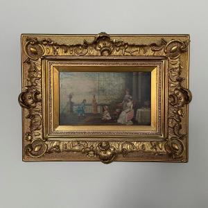 Oil On Panel, 19th Century Interior Scene With Children On A Balcony