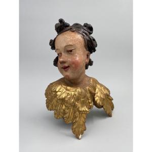 Head Of A Cherub In Carved Polychrome And Gilded Wood, 17th Century, Entourage Of Ignaz Günther