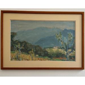 Watercolor On Paper By Jean Vinay Isère Mountain Landscape