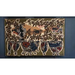Panneau de tapisserie sur coton par Lurçat 1960 décor d'aquarium