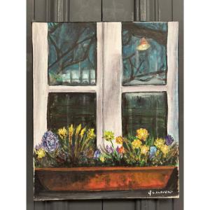 Oil On Canvas By Claude Claveau Window With Planter 20th Century