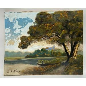 Huile sur toile par J. Hatetuy paysage scène de pêcheurs XXe