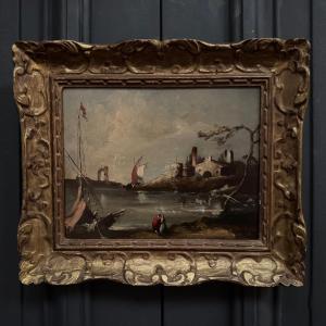 Oil On Panel, Port Scene, Late 19th Century, Gilded Frame