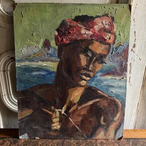 Huile sur panneau portrait de femme comorienne à l'ouvrage 1950