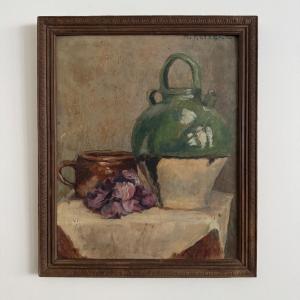 Huile sur carton nature morte à la cruche par M. Reppere XXe