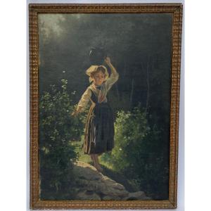 Oil On Cardboard, Young Girl With A Jug, Late 19th Century, Barbizon Undergrowth