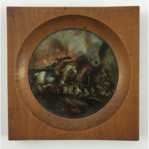Miniature sous verre scène de bataille chevaux XIXe cadre en bois