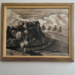 Aquarelle sur papier André-Charles Nauleau paysage avec chemin XXe