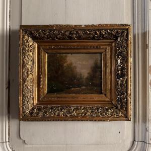 Huile sur toile contrecollée sur panneau Barbizon XIXe cadre doré