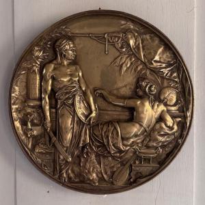 Plaque ronde murale en bronze XIXe scène à l'Antique 