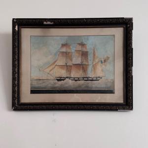 Aquarelle sur papier représentant un trois-mâts bateau français XIXe par Th. Cochard 