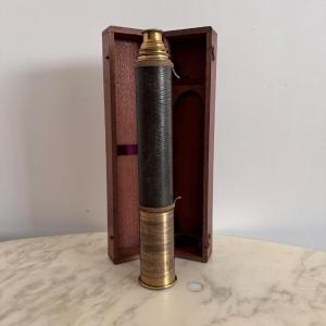 19th Century Marine Spyglass In Leather And Brass With Mahogany Case