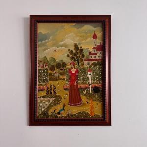Huile sur panneau par Alain Thomas Jeune Fille dans un Jardin