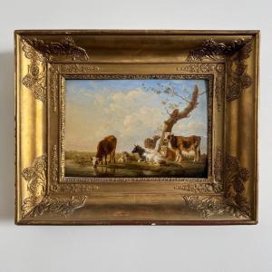 Oil On Panel Cows Drinking By Jean-baptiste Berré 1830