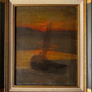Huile sur toile bateau au soleil couchant par Jean-Yves Couliou XXe