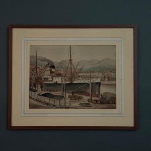 Watercolor Of An Ocean Liner By Deny Nice, 1938, Early 20th Century