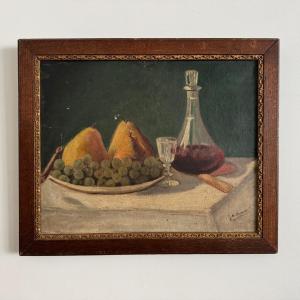Oil On Canvas, Still Life With Fruit And A Carafe, 20th Century, By M. Cozenat