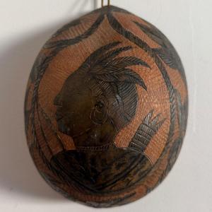 Carved Calabash Nut With Warrior Flowers, Oceania, Early 20th Century