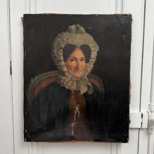 Huile sur toile portrait de femme à la coiffe milieu XIXe