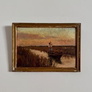 Oil On Panel, Fisherman In A Marsh, Impressionism, Early 20th Century