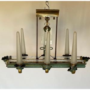 Lustre 1940 6 feux en métal et verre baguette en verre plaque dépolie