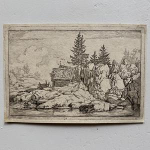 Gravure XVIIe Les Deux Pins près des Chaumières par Allart van Everdingen