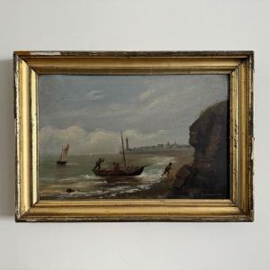 Huile sur carton par R. Coubinier 1887 barque sur une côte rocheuse 