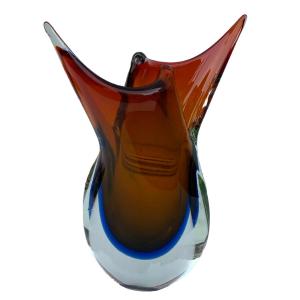 Vase Murano années 60 forme libre fond rouge et bleu 6 kilos 