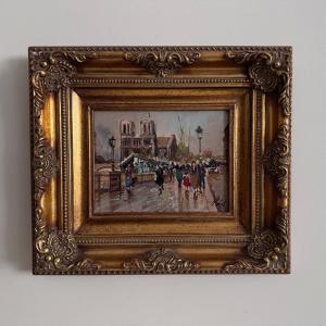 Oil On Panel, Booksellers In Paris In Front Of Notre Dame, Mid-20th Century 