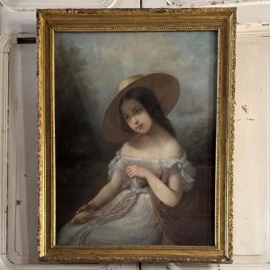 Portrait de jeune fille pastel sur toile milieu XIXe par Claude Gros 
