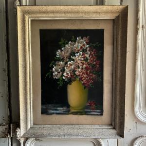 Aquarelle papier nature morte bouquet de fleurs vase jaune XXe Devilliers