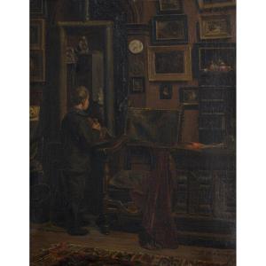 Huile sur toile par HW Cavatty jeune enfant devant un portrait XIXe